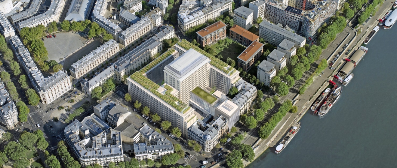 Vue aérienne de Morland Mixité Capitale en bord de Seine